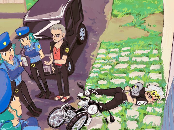 Guzma falls off his bike