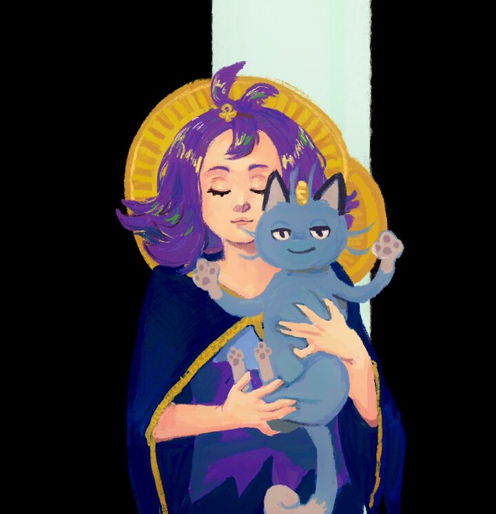 Acerola holding the Baby Jesus (meowth)