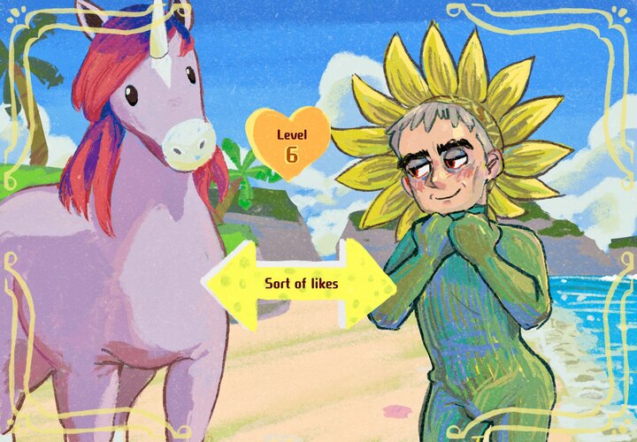 Nanu dressed as a flower standing next to a unicorn from Miitopia. They’ve just leveled up their relationship to “Sort of likes”