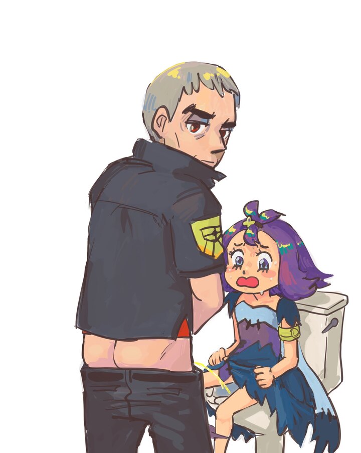 nanu from pokemon taking a piss in a toilet. acerola is distressed because she was there first